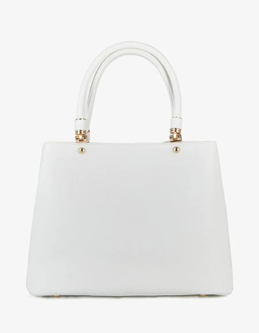 White structured handbag with top handles and gold-colored hardware.