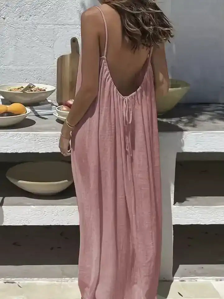 Loose full-length sleeveless outfit with thin straps, front and back views.