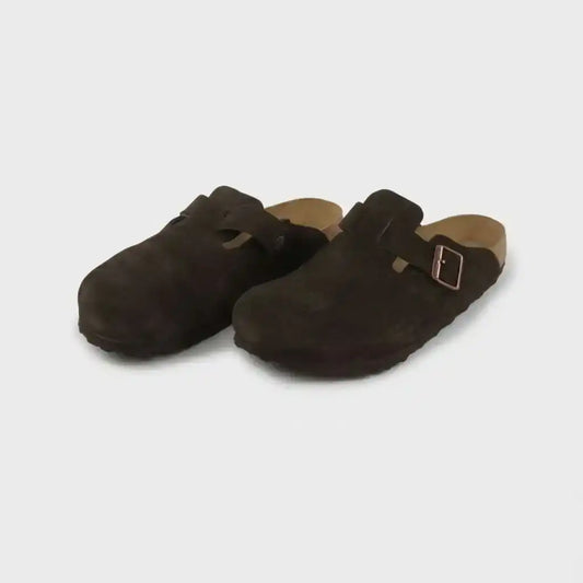 Birkenstock Boston Suede Soft Footbed Clog in Taupe side view