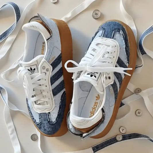 Adidas Sambae x atmos Denim sneakers side profile with gum platform sole