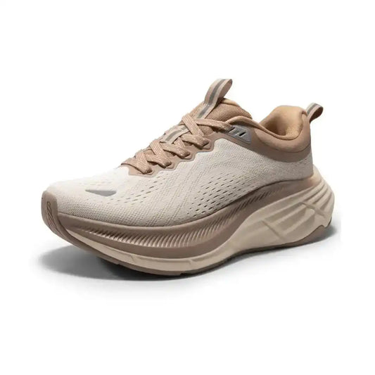 Beige Khaki Mesh Running sneaker side profile view