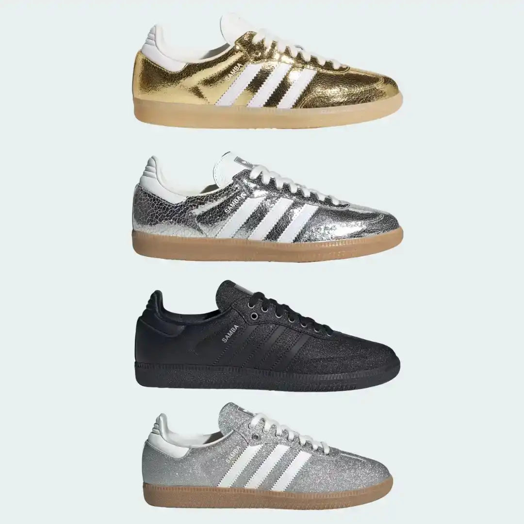 Adidas Samba OG Metallic 2026 Special Edition featuring high-shine silver finish and dark gum sole - side profile.