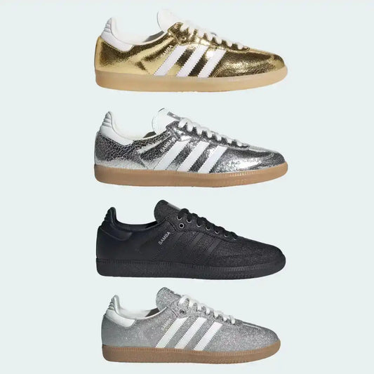 Adidas Samba OG Metallic 2026 Special Edition featuring high-shine silver finish and dark gum sole - side profile.
