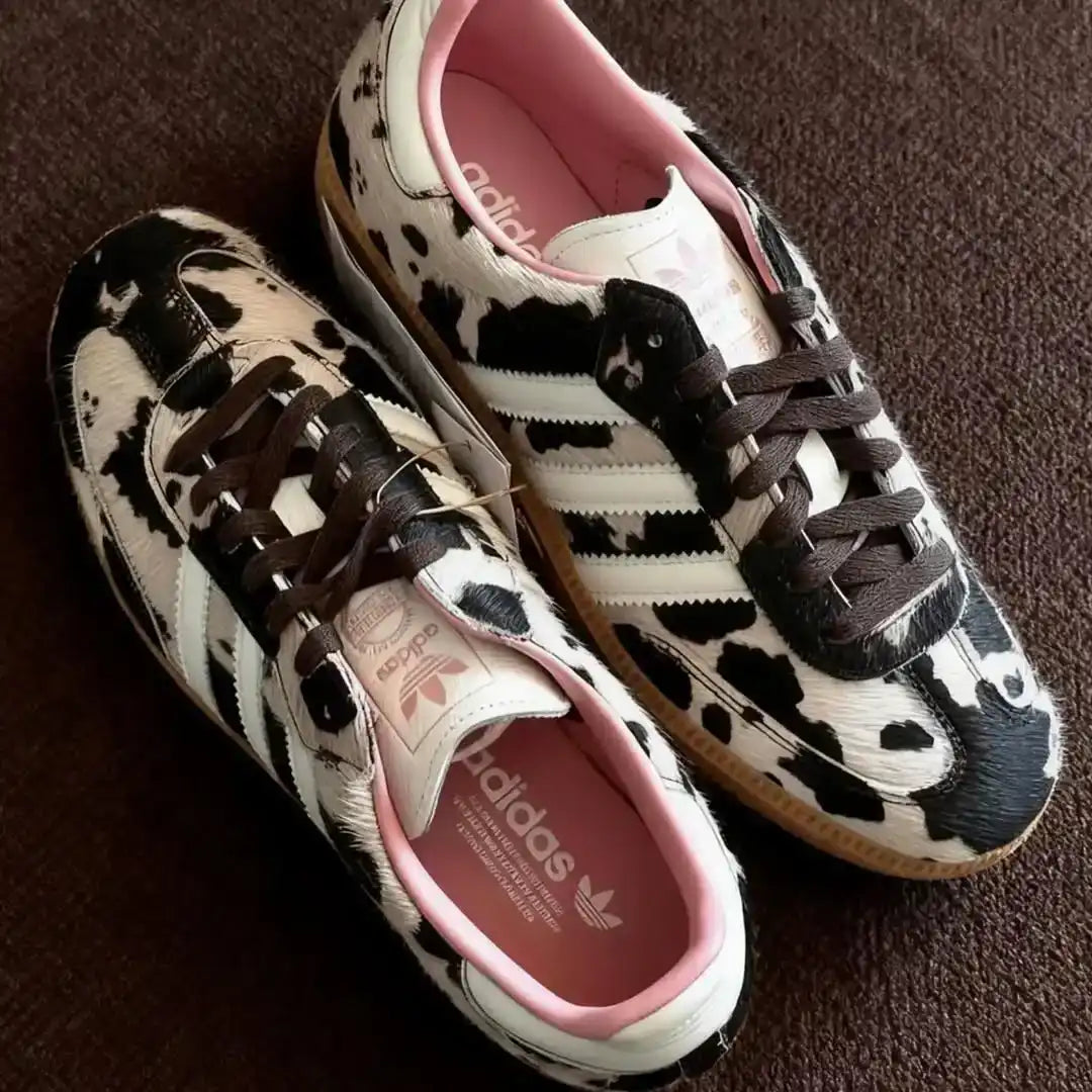 Top view of Adidas Samba Cow Print showing gum sole and laces