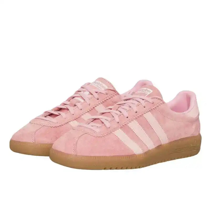 Angled view of pink Adidas Bermuda with gum sole