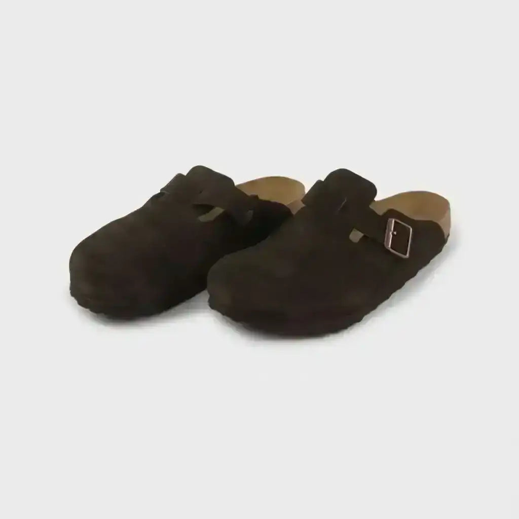 Birkenstock Boston Suede Soft Footbed Clog in Taupe side view