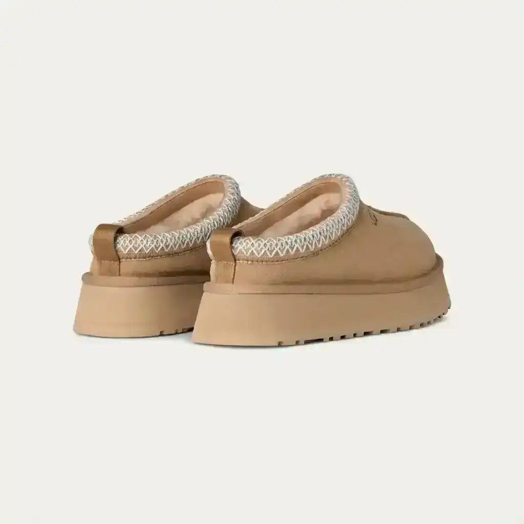 Platform slip-on slippers with a fuzzy collar, product and styling views.