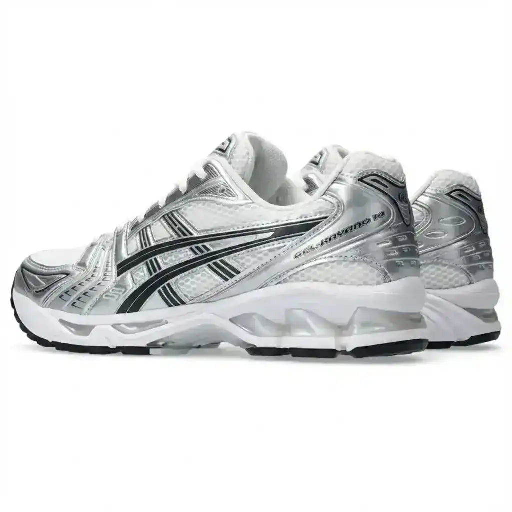 top down view of asics gel kayano 14 showing mesh upper and branding