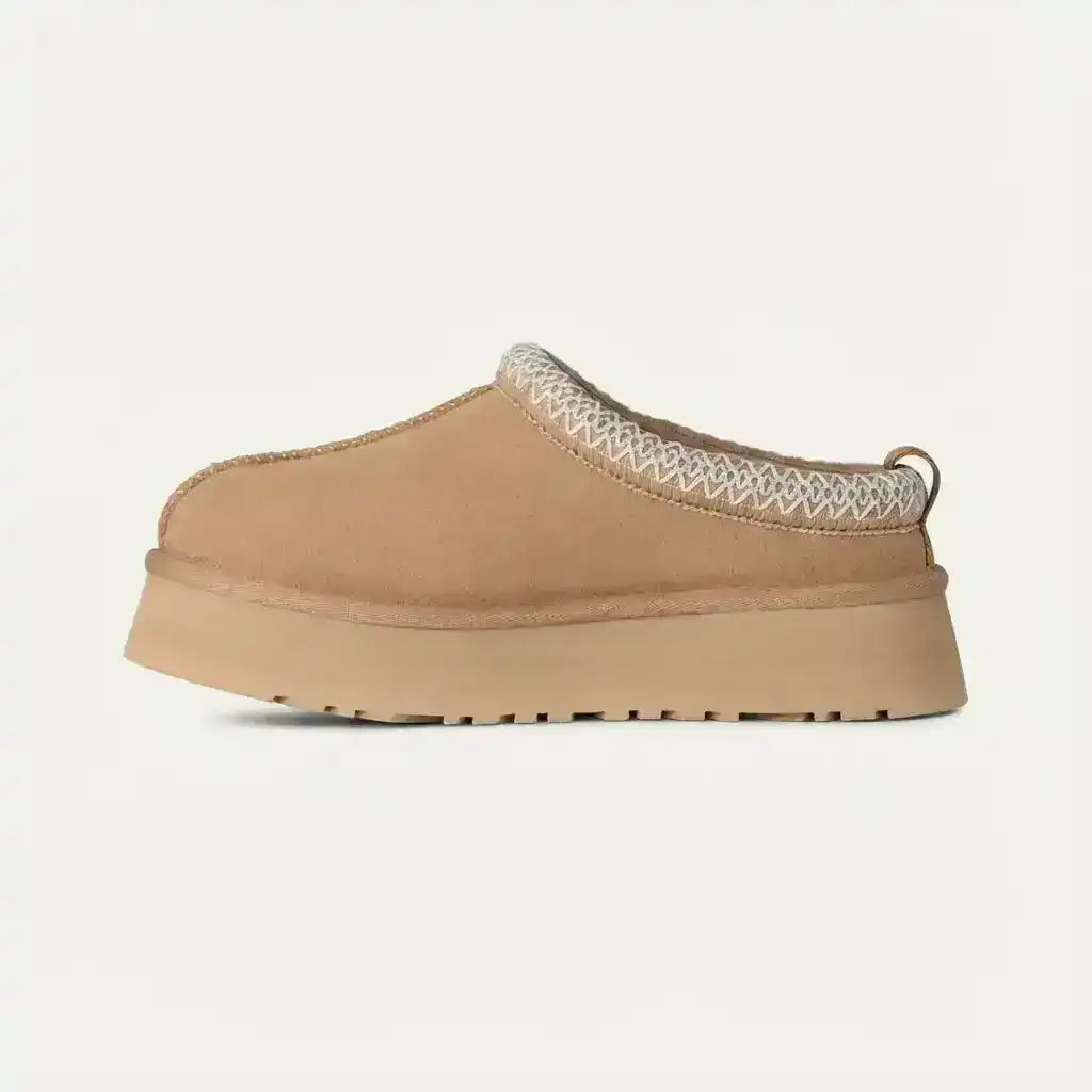 Platform slip-on slippers with a fuzzy collar, product and styling views.