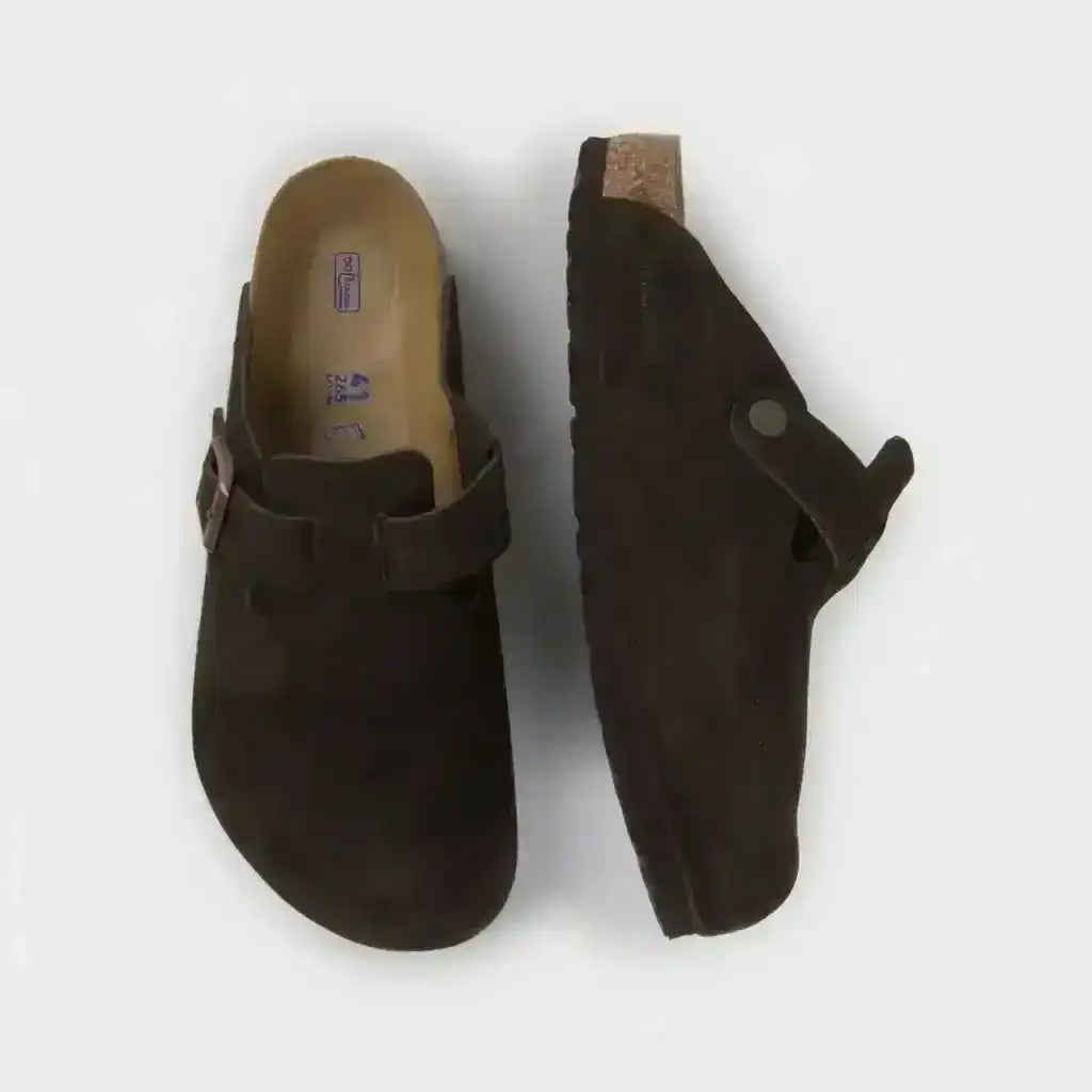 Dark brown closed-toe clogs with buckle straps.
