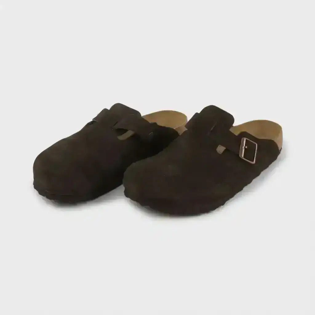 Birkenstock Boston Taupe Clogs. Closed-toe shape.