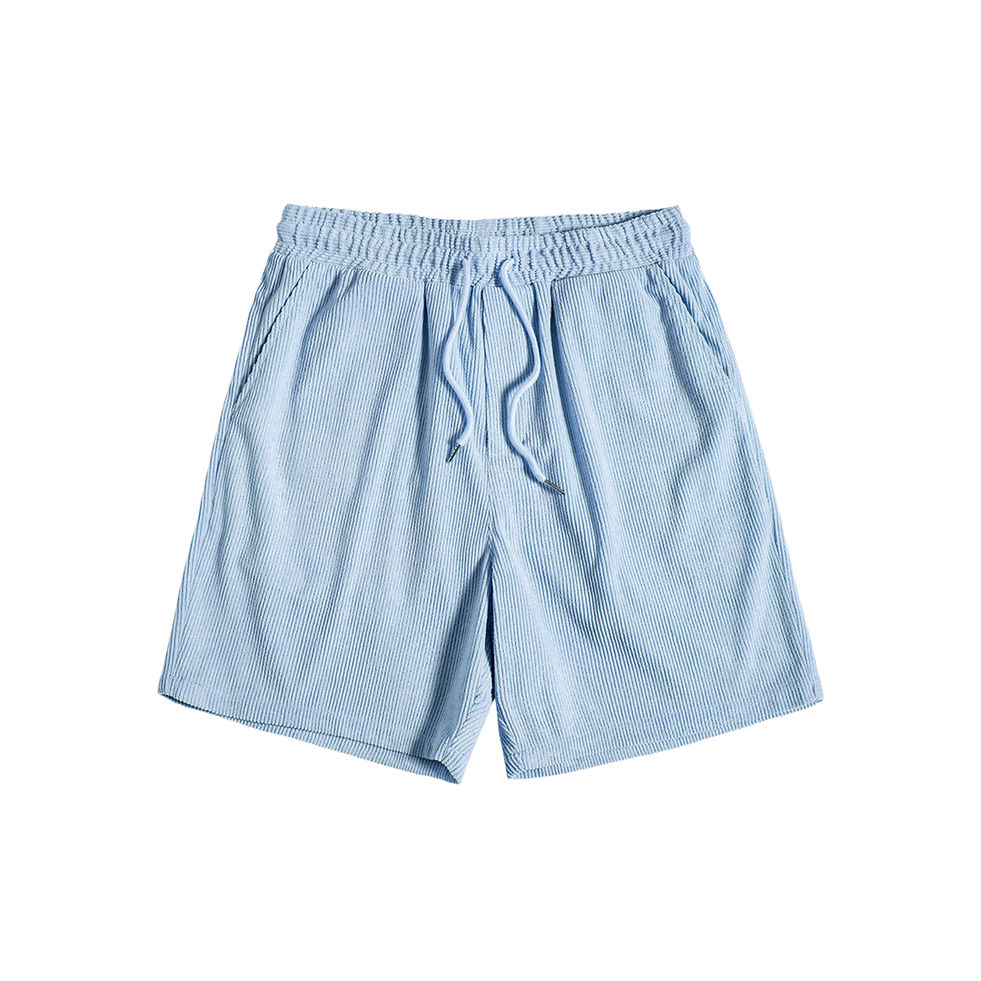 Light blue drawstring shorts, front product view.
