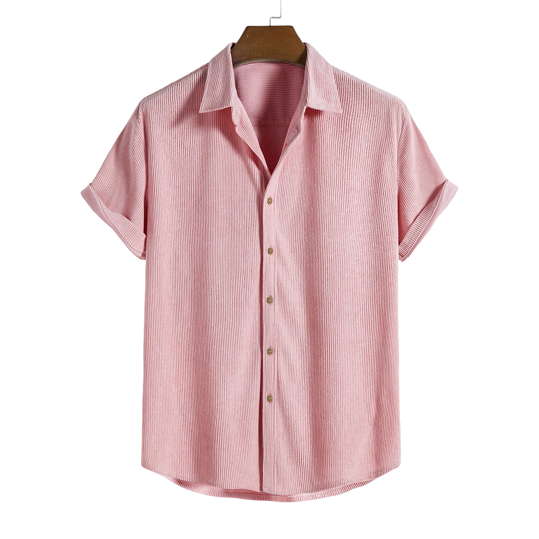 Pink short-sleeve button-up shirt, front product view.