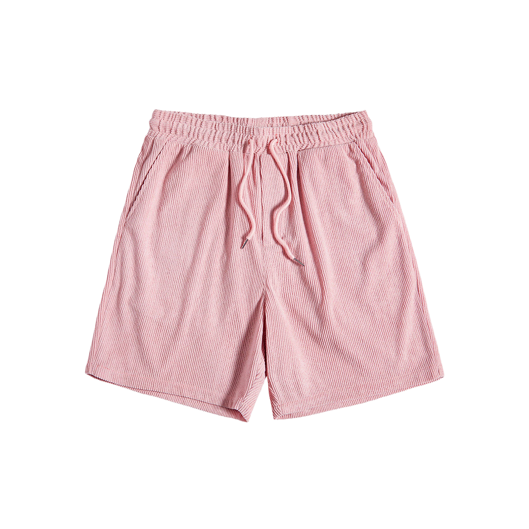 Pink drawstring shorts, front product view.