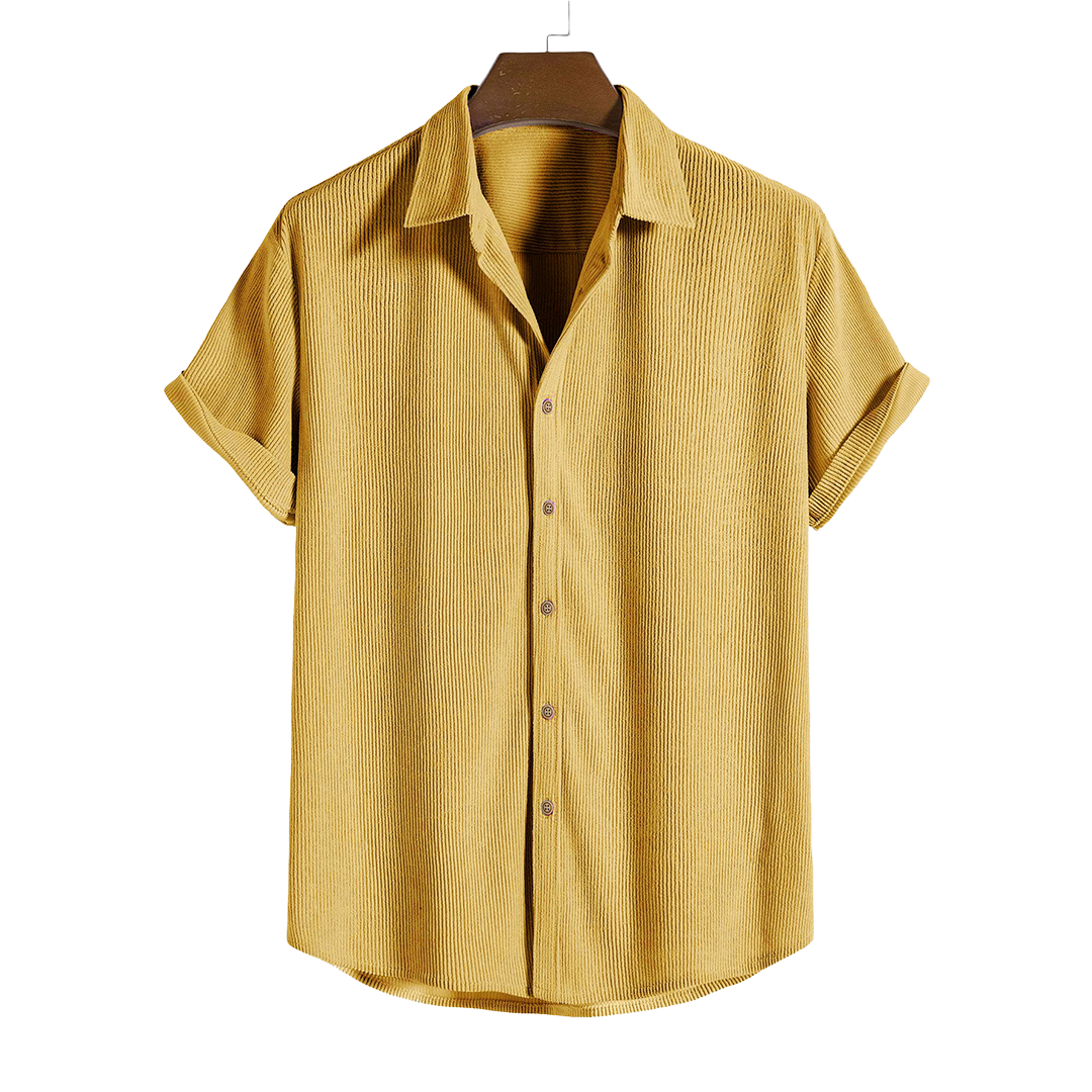 Yellow short-sleeve button-up shirt, front product view.