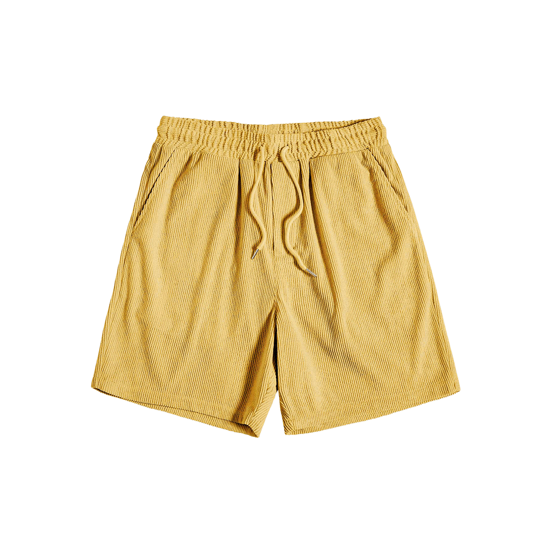 Yellow drawstring shorts, front product view.
