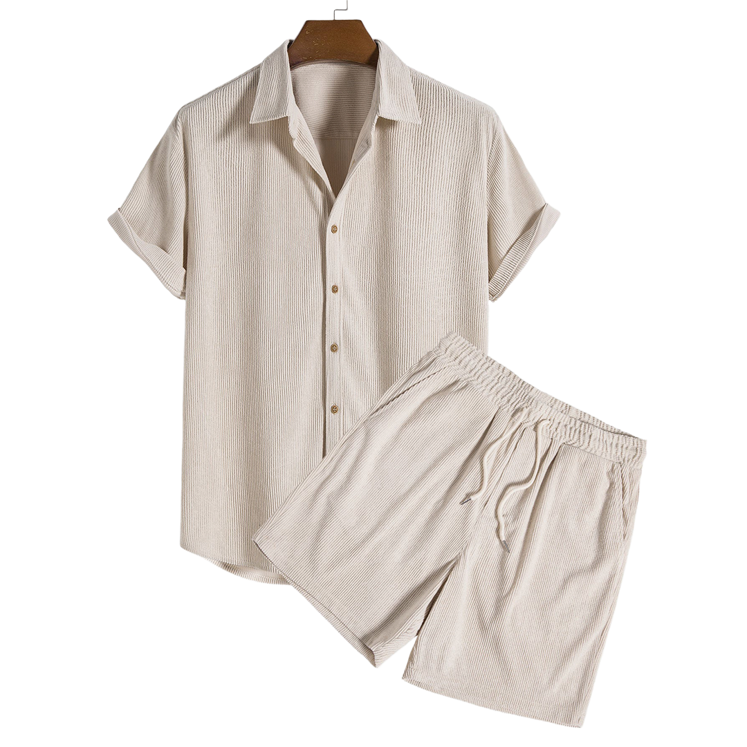Short-sleeve button-up shirt and matching drawstring shorts, flat product view.