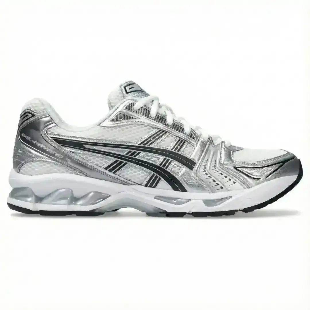 ASICS Gel-Kayano 14 Sneakers. Silver and white palette.