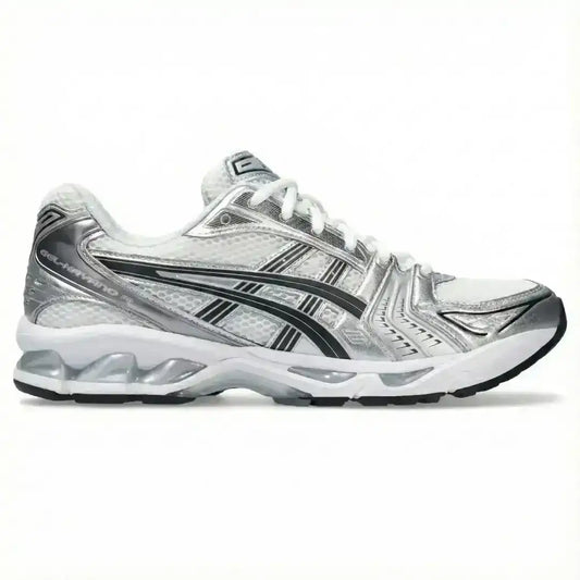 ASICS Gel-Kayano 14 Sneakers. Silver and white palette.