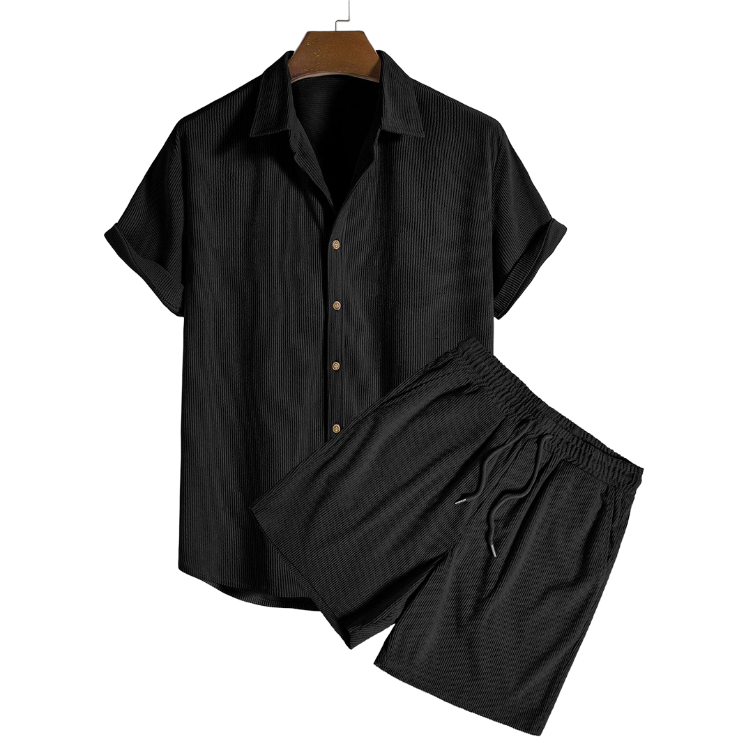 Short-sleeve button-up shirt and matching drawstring shorts, flat product view.