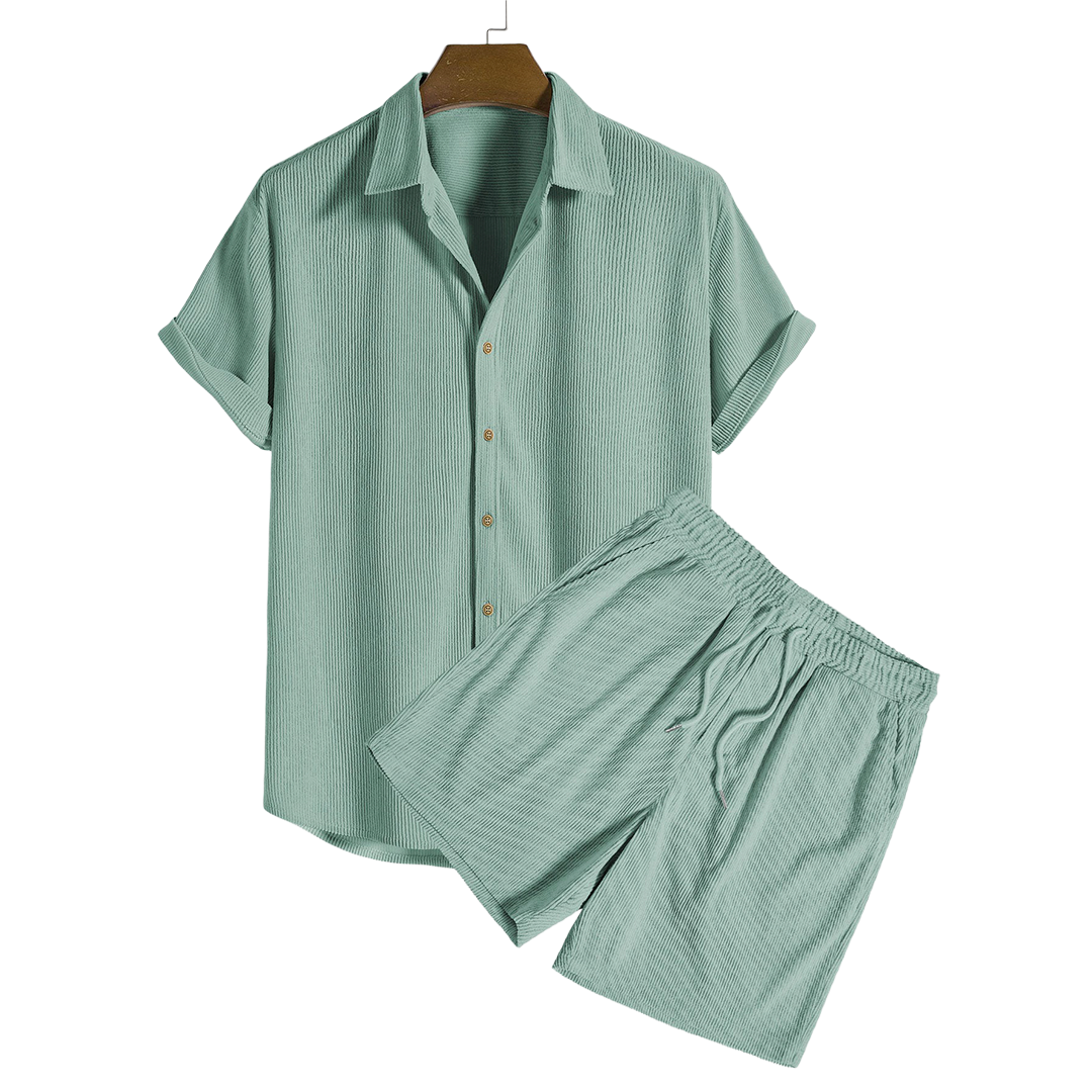 Short-sleeve button-up shirt and matching drawstring shorts, flat product view.