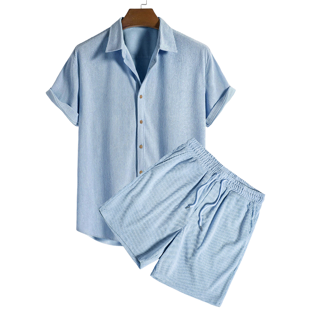 Short-sleeve button-up shirt and matching drawstring shorts, flat product view.