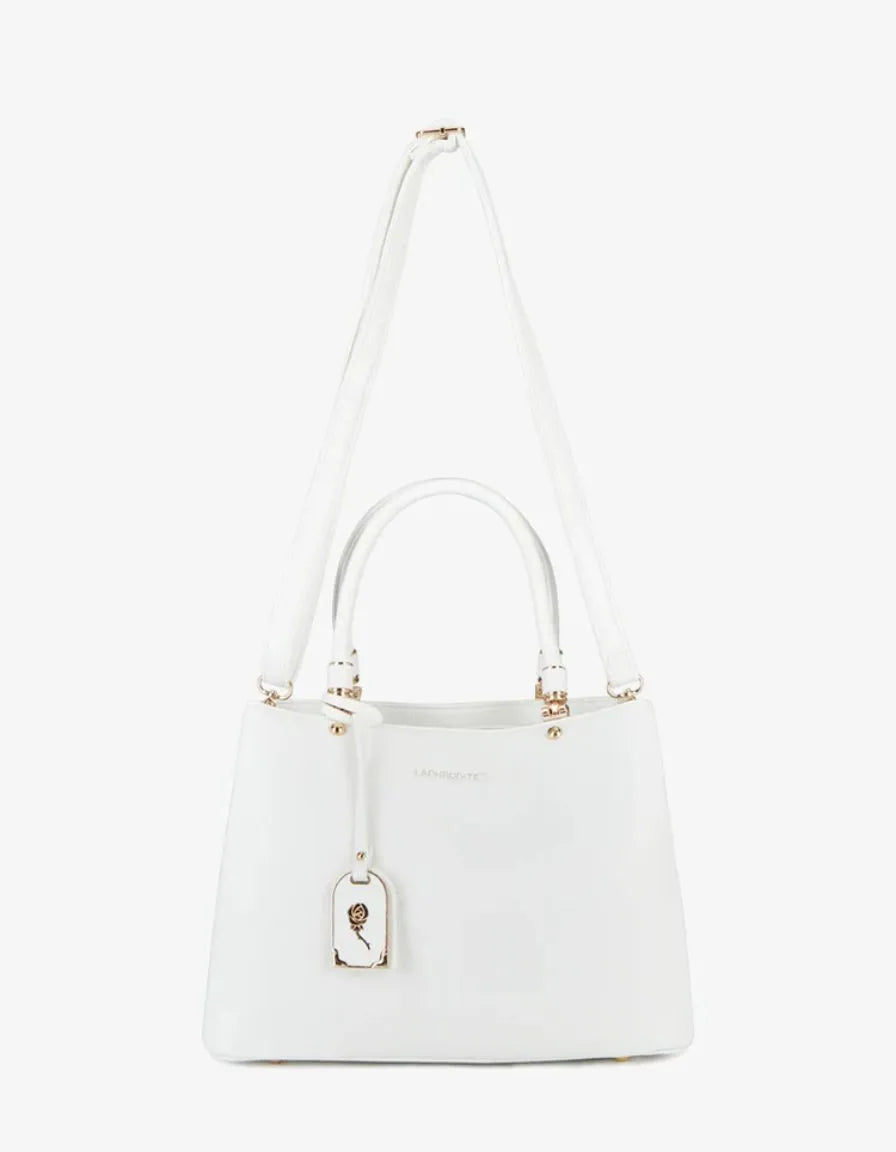 White structured handbag with top handles and gold-colored hardware.