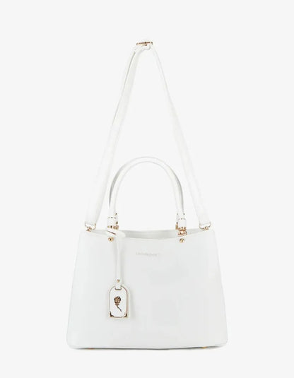 White structured handbag with top handles and gold-colored hardware.