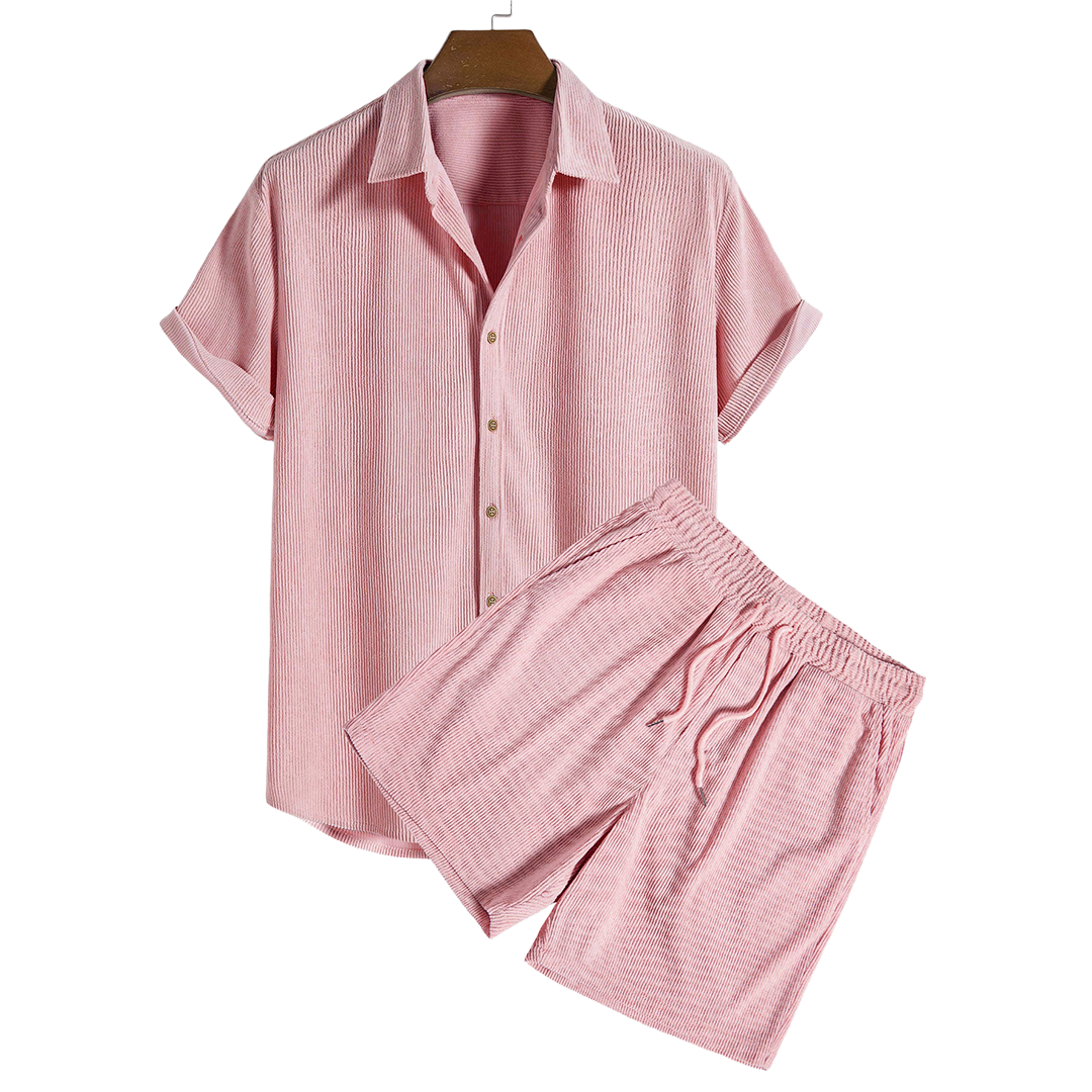 Short-sleeve button-up shirt and matching drawstring shorts, flat product view.