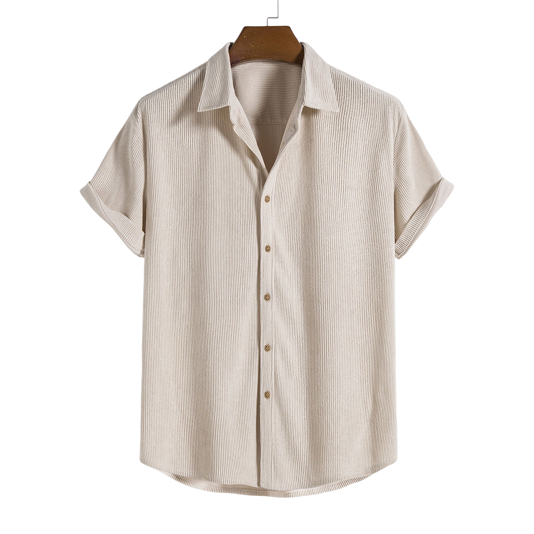 Cream short-sleeve button-up shirt, front and back product views.