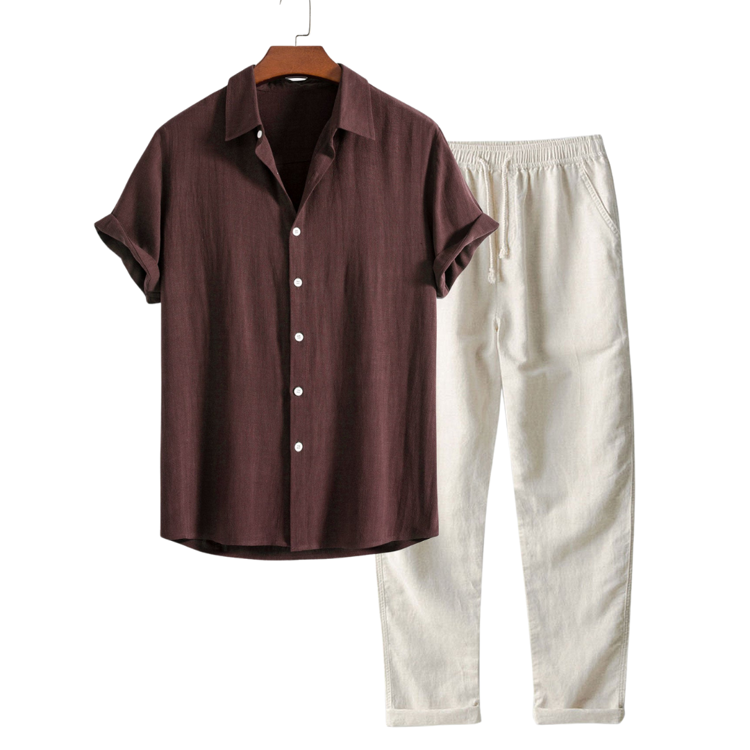Short-sleeve button-up shirt and drawstring pants, hanging product views.