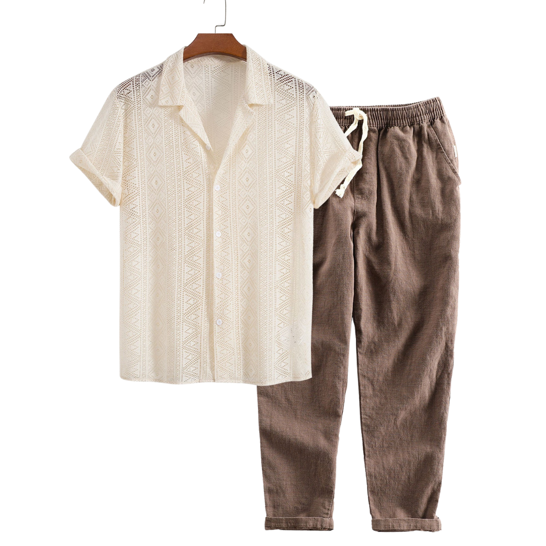 Openwork short-sleeve shirt and drawstring pants, hanging product view.