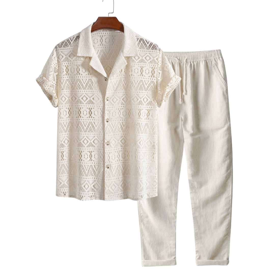Cream openwork short-sleeve shirt with light-colored drawstring pants.