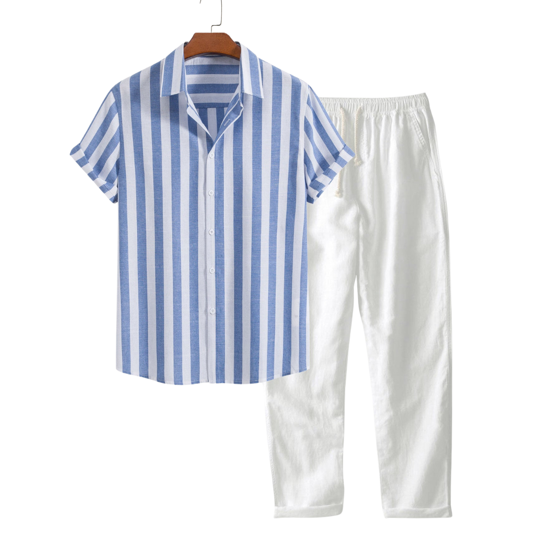 Striped short-sleeve shirt with light-colored straight-leg pants.
