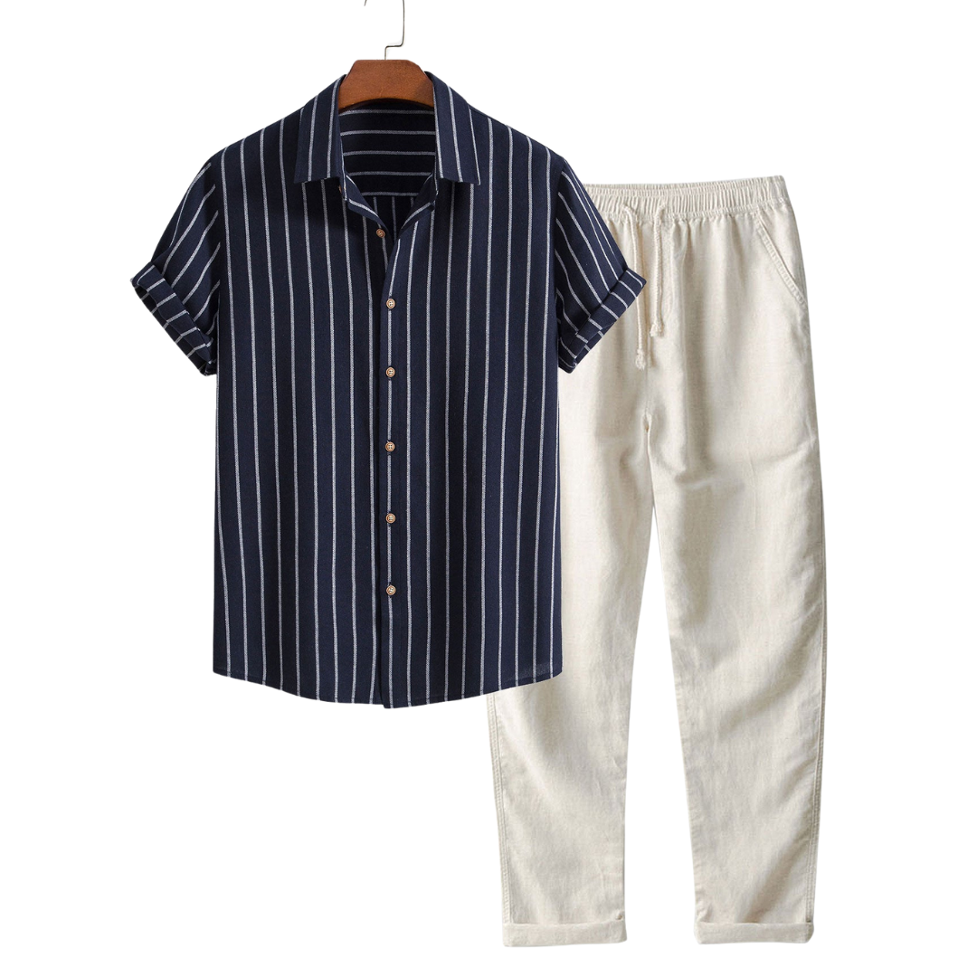 Striped short-sleeve button-up shirt and drawstring pants, hanging product view.