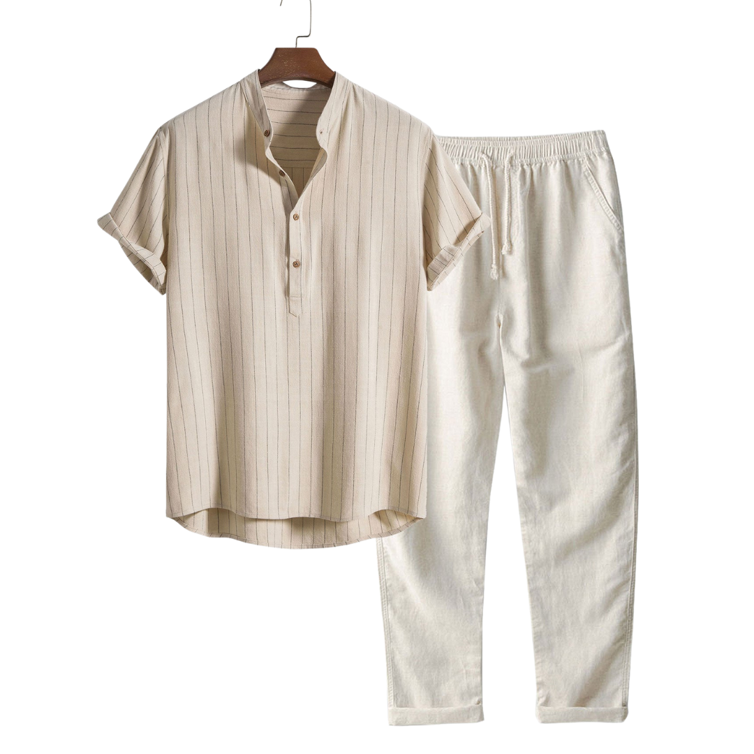 Short-sleeve shirt and drawstring pants with a vertical textured pattern.