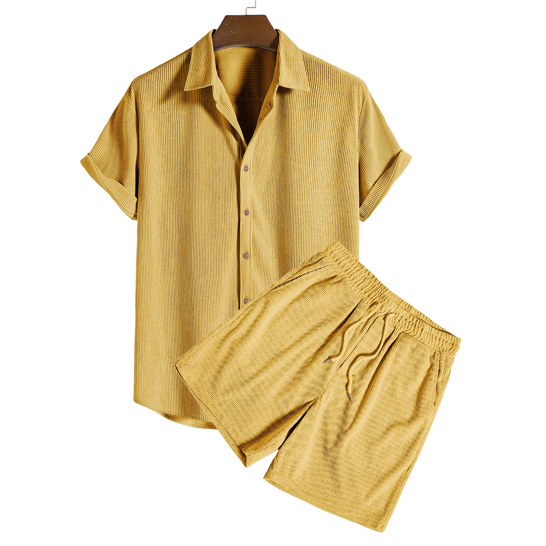 Short-sleeve button-up shirt and matching drawstring shorts, flat product view.