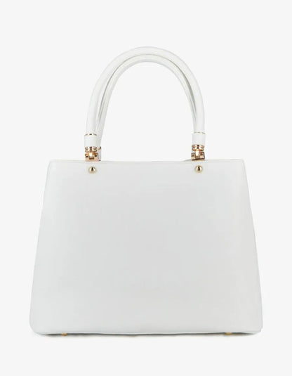 White structured handbag with top handles and gold-colored hardware.