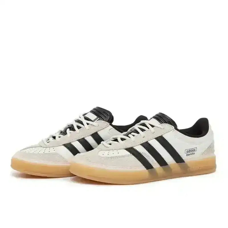 Close up of black suede and white leather stripes on Bad Bunny Gazelle