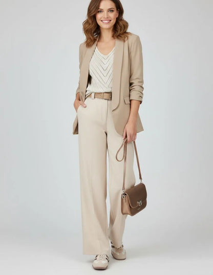 Model wearing a cream V-neck knit top and wide-leg pants, carrying a brown handbag.