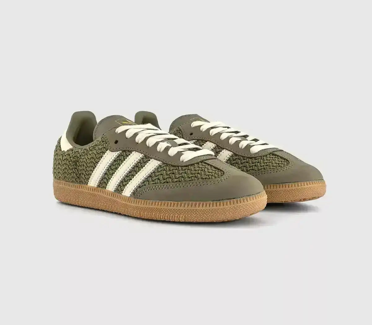 Angled view of Adidas Samba Orbit Green with gum outsole