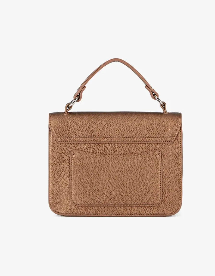 Brown textured handbag with a short handle and long shoulder strap.