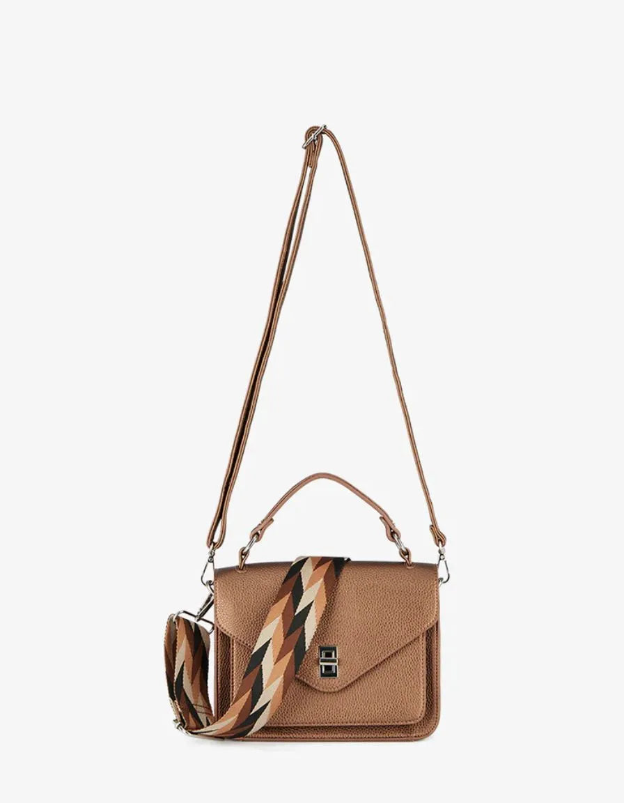 Brown textured handbag with a short handle and long shoulder strap.