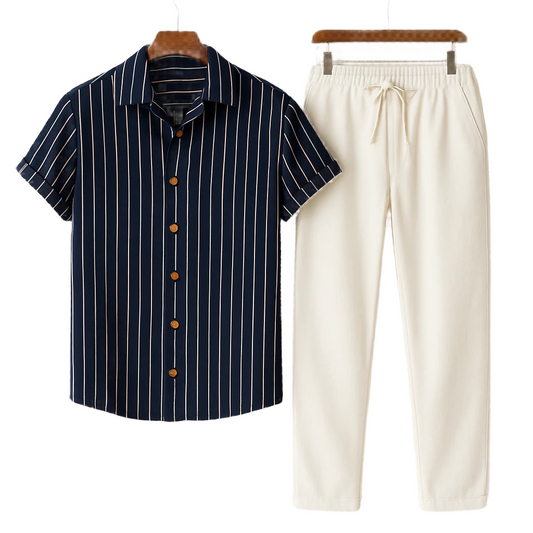 Striped short-sleeve button-up shirt and drawstring pants, hanging product view.