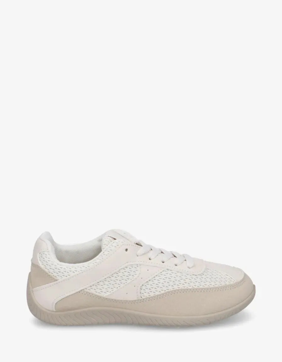 Beige Panelled Lace-Up Sneakers. Beige and white palette.