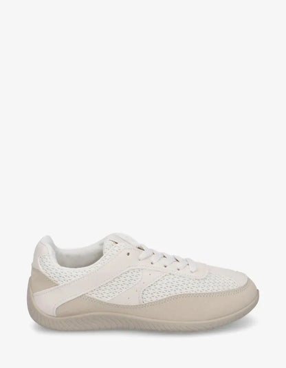 Beige Panelled Lace-Up Sneakers. Beige and white palette.