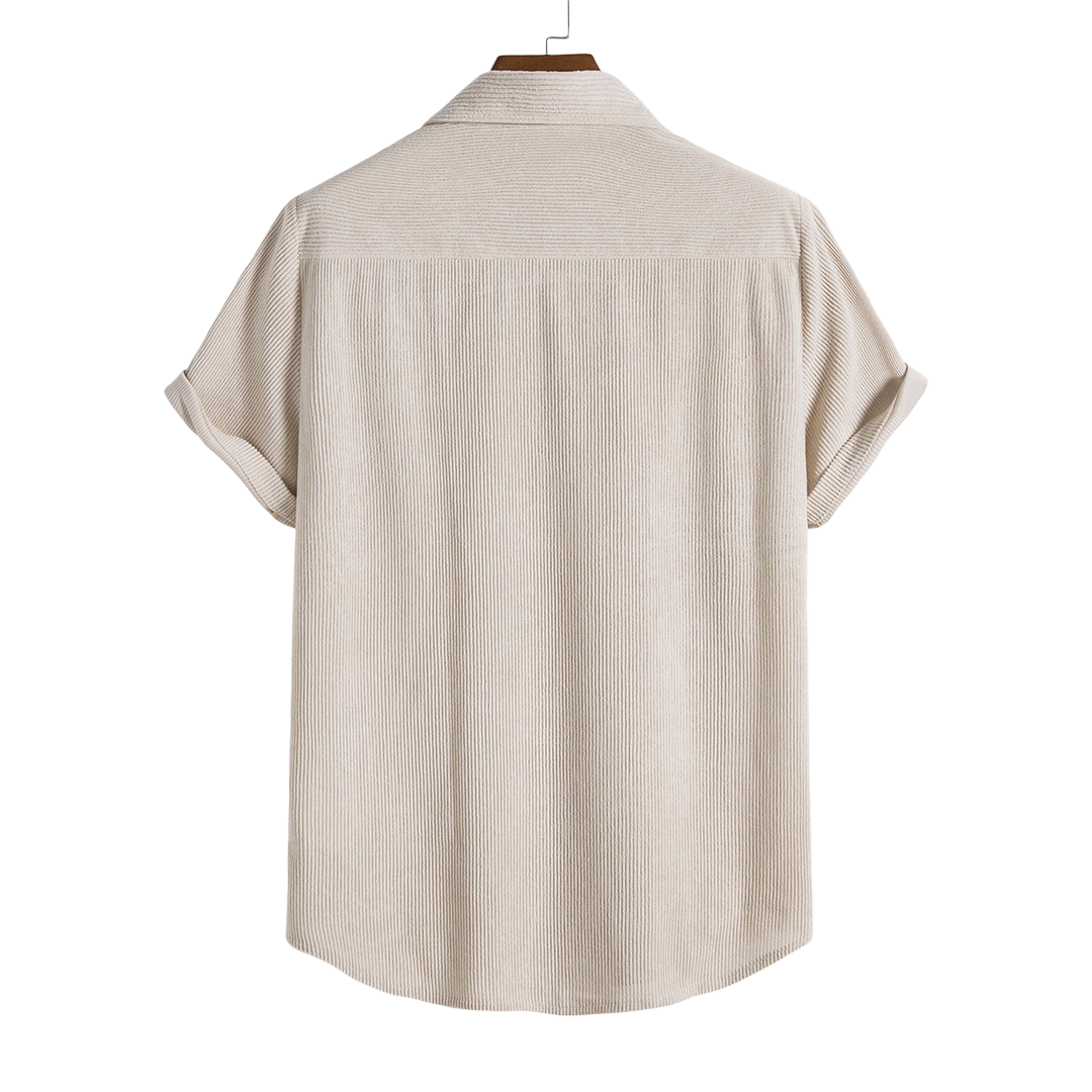 Cream short-sleeve button-up shirt, front and back product views.