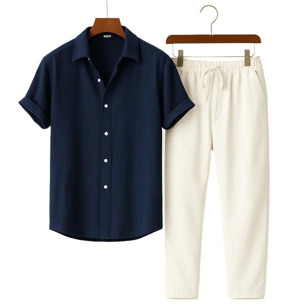 Short-sleeve button-up shirt and drawstring pants, hanging product views.