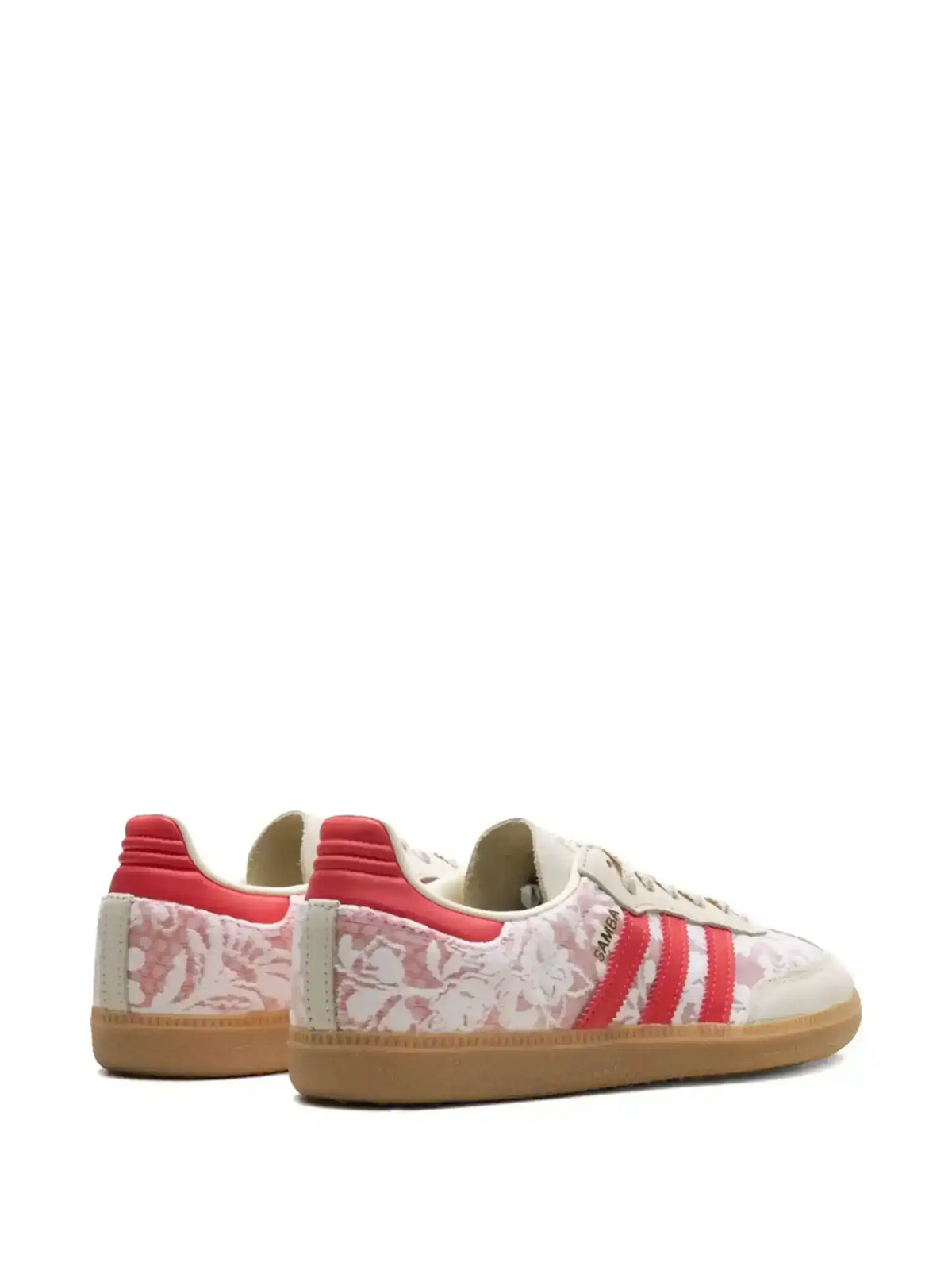 Close up of Liberty London floral print details and white stripes on Adidas Samba