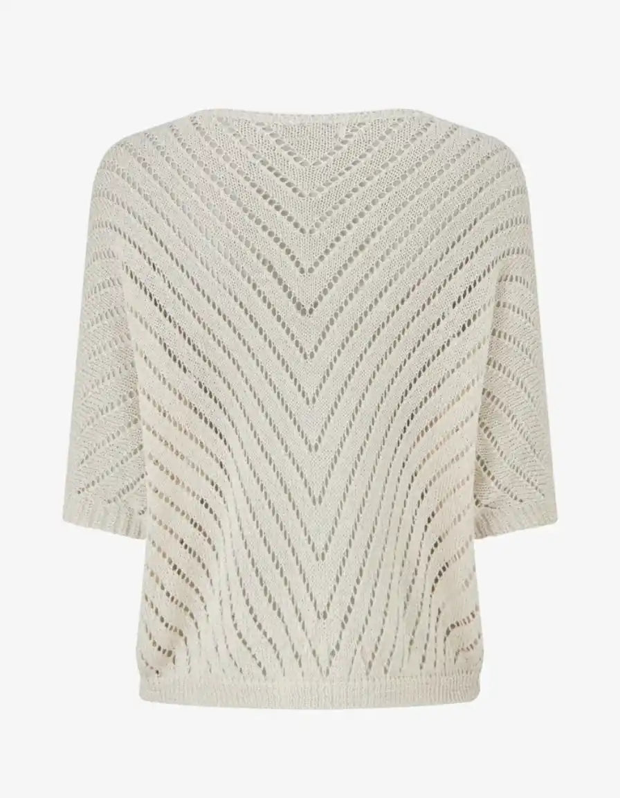 Beige V-neck knit top with a chevron openwork pattern.